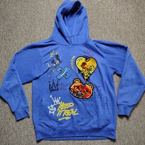 TRACK23 Hoodie Men 2XL Blue Bear Chenille Patch Graphic Pullover Streetwear